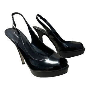 Enzo Angiolini black patent leather Eastarlight peep toe stiletto heels size 9